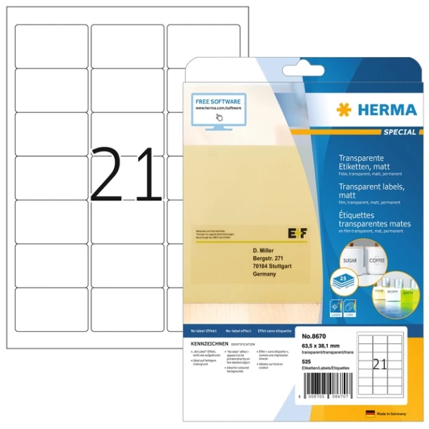 Etiket HERMA 8670 A4 63.5x38.1mm folie transparant mat 525 stuks