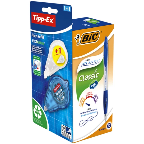 Balpen Bic Atlantis Blauw, 12st+gratis TippEx Easy