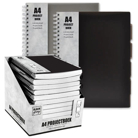 Projectboek A4 23 rings zwart-grijs 4tabs 120 vel