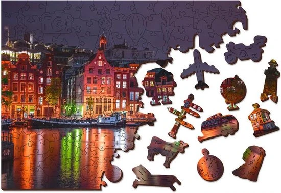 Puzzel Wooden puzzle Amsterdam by night XL 600 stukjes
