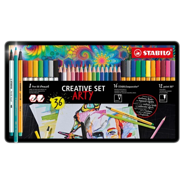 STABILO ARTY creative set met (16 x STABILO aquacolor, 12 x point 88, 8 x Pen 68 brush)