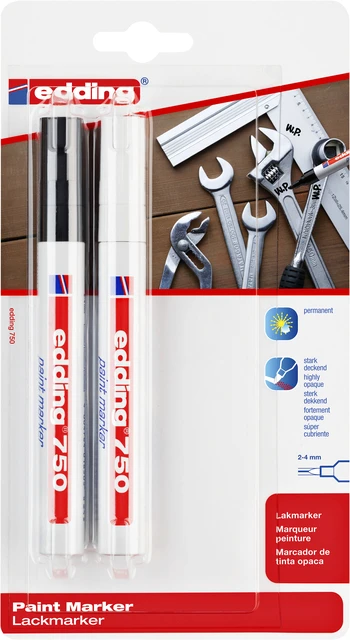 Viltstift edding 750 lakmarker rond 2-4mm wit en zwart blister 2 stuks