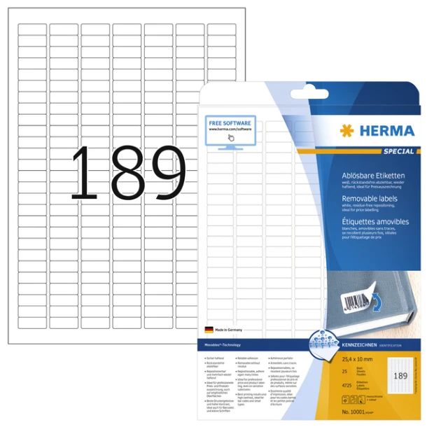 Etiket Herma 10001 A4 25.4x10mm Verwijderbaar Wit