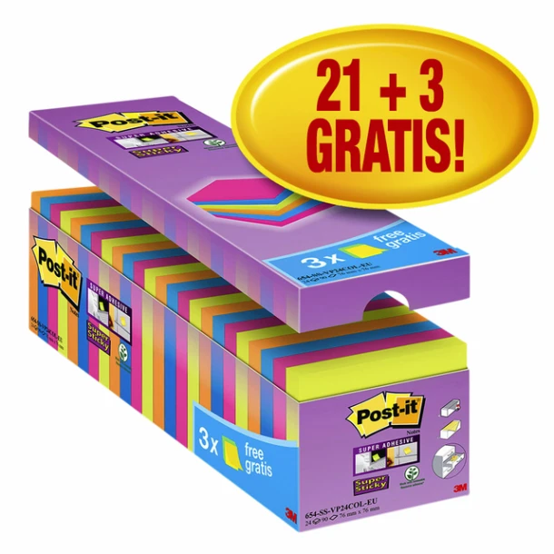Memoblok 3m Post-it Ss 654 76x76mm 21+3 Gratis Ass