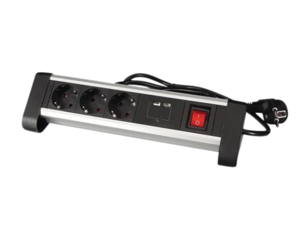 Stekkerdoos Perel bureau 3vdig schakelaar incl. 2 USB-poorten 1.4m zw