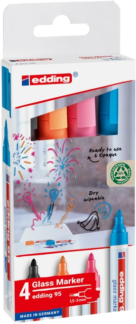 Viltstift edding 95 glasbord rond 1.5-3mm incl zwart assorti 4 stuks