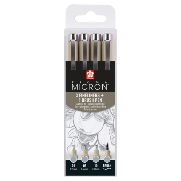 Pigma Micron set 3 fineliners + 1 brushpen licht