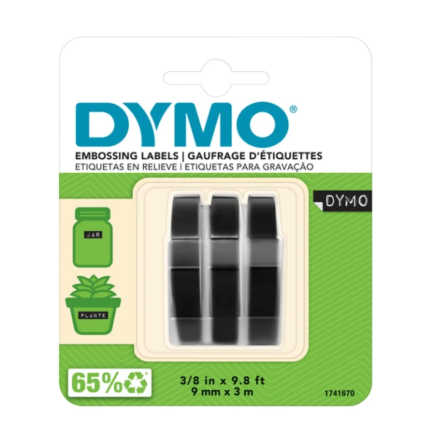 Reliƫftape Dymo embossing plastic 9mm zwart op wit 3 stuks