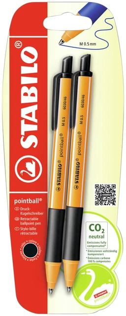 Balpen STABILO Pointball zwart, blister 2 stuks