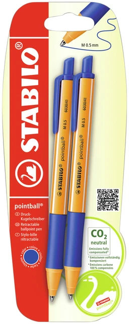 Balpen STABILO Pointball blauw, blister 2 stuks
