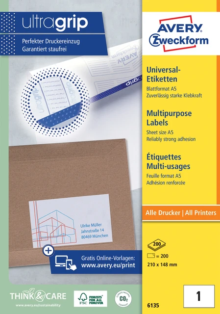 Etiket Avery 6135 210x148mm wit 200 stuks