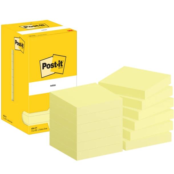 Memoblok 3M Post-it 654 76x76mm geel; pak 12 st