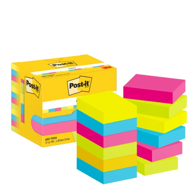 Memoblok 3m Post-It 653 38x51mm Neon Assorti Kleur