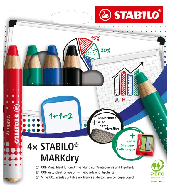 Whiteboardpotlood STABILO MARKdry 648/4 + slijper-microvezel ass 4st