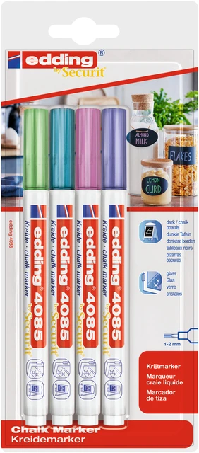 Krijtstift edding 4085 by Securit rond 1-2mm mtl assorti blister à 4st