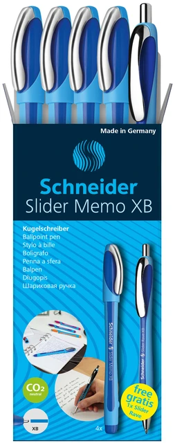 Balpen Schneider Slider Memo XB blauw 4st + 1 gratis Slider balpen