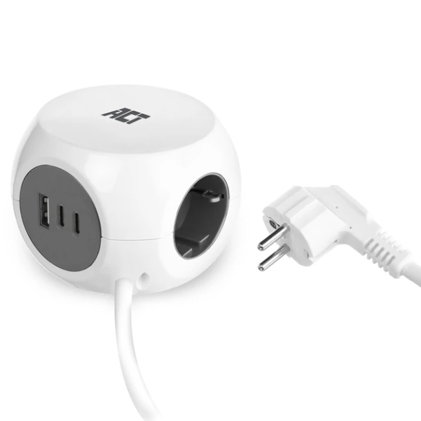 Stekkerblok ACT 3 voudig inclusief 2x USB C/A 1.5 meter wit/grijs