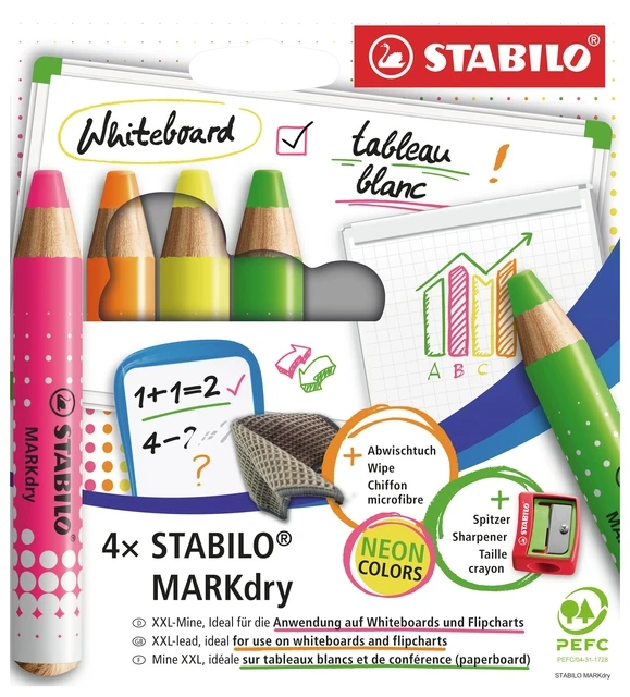 Whiteboardpotlood STABILO MARKdry etui à 4 neon kleuren