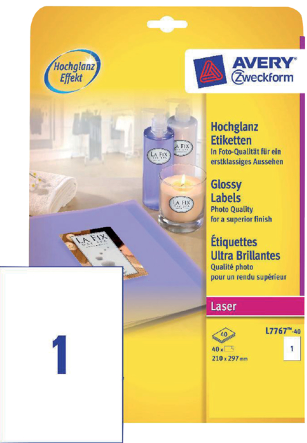 Etiket Avery L7767-40 210x297mm A4 Gl Wit 40stuks