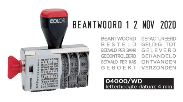 Woord-datumstempel Colop 04000/WD, 12 teksten