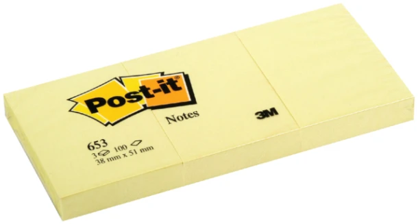 Post-it memo 3M 653 geel 38x51mm; 3 bloks 100 vel