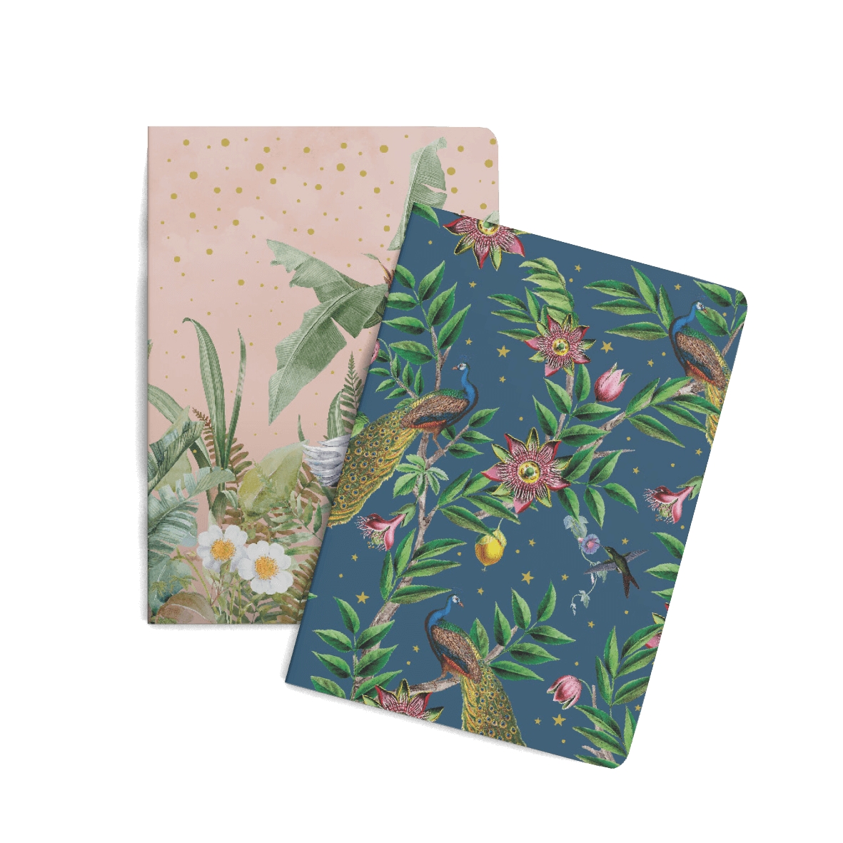 Notebookset A4 Dancing Crane Birds &amp; Passion Peacock set Gelineerd/Ruit