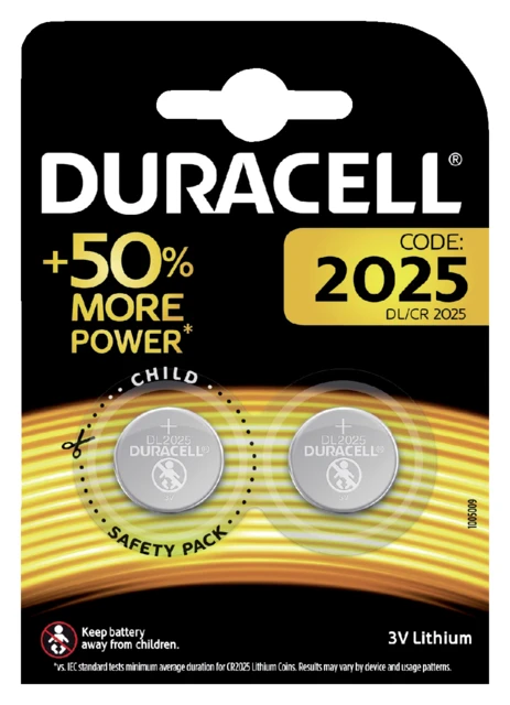 Batterij Duracell knoopcel 2xCR2025 lithium Ø20mm