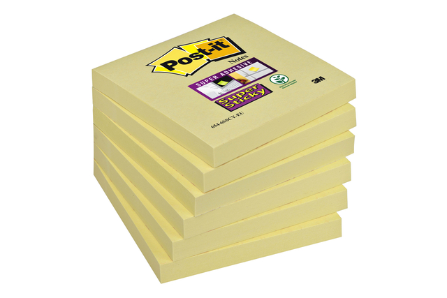 Memoblok 3M Post-it 654  Super Sticky 76x76mm geel; pak 6 stuks