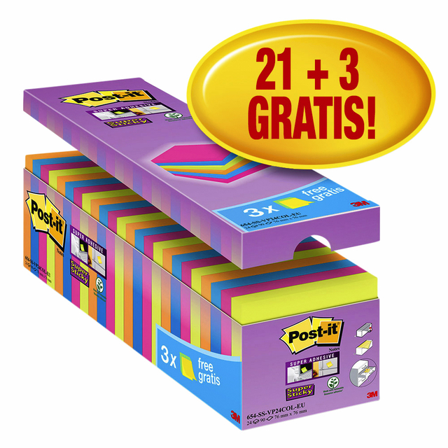 Memoblok 3M Post-it 654 Super Sticky 76x76mm 21+3 gratis assorti