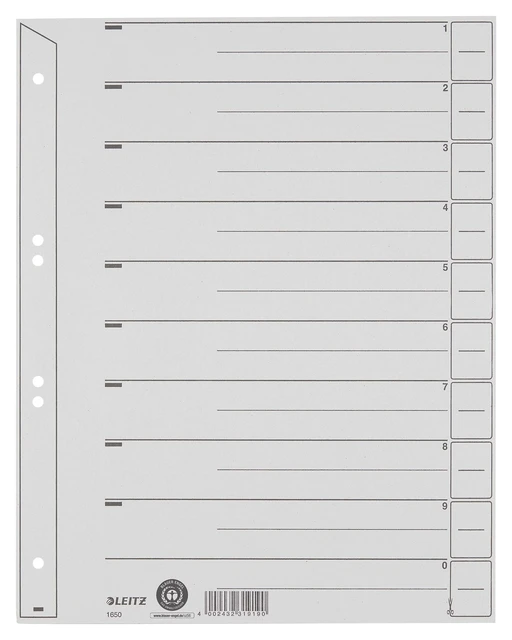 Scheidingsbladen Leitz A4 karton 200gr 6-gaats grijs 100 stuks