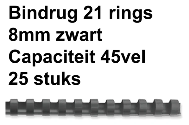 Bindrug GBC 21-rings 8mm zwart; doos 25st (capaciteit 45 vel)