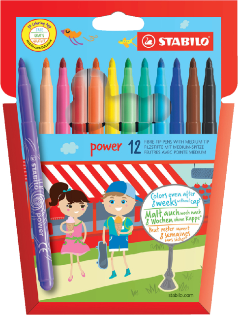 STABILO power - viltstift - tot 8 weken zonder dop - etui met 12 kleuren