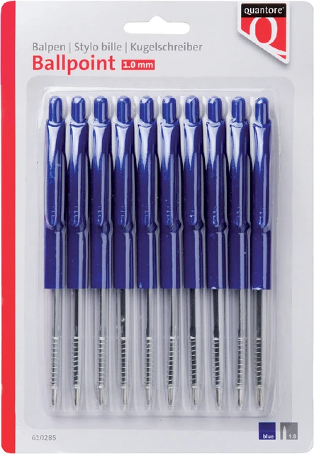 Balpen Quantore drukknop blauw, blister 10 stuks