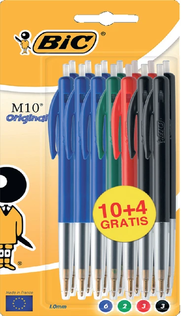 Balpen Bic M10 medium assorti blister 10+4 gratis
