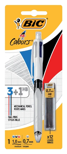 Balpen Bic 3kleuren met vulpotlood HB 0.7mm medium wit blister à 1st