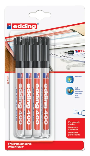 Viltstift Edding 400 zwart blister 1mm rond 4 stuk