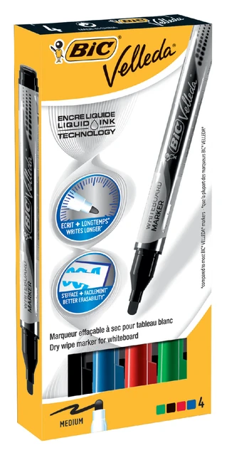 Whiteboardstift Bic Velleda rond M pak 4 st ass
