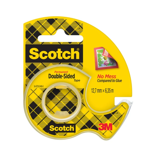 Plakband Scotch 665 12mmx6.3m dubbelzijdig + afroller