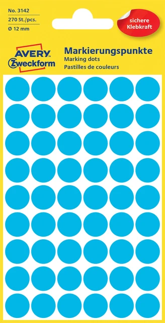 Etiket Avery 3142 rond 12mm blauw 270 stuks