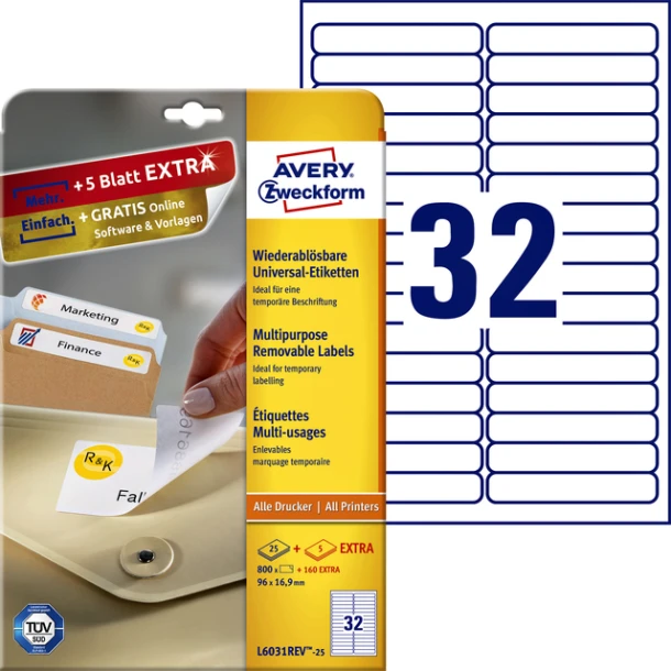 Etiket Avery L6031REV-25 96x16.9mm afneembaar wit 800 stuks