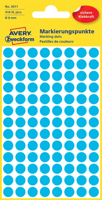 Etiket Avery Zweckform 3011 rond 8mm blauw 416stuk