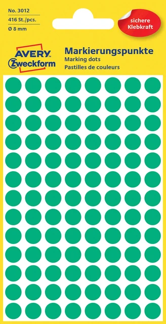 Etiket Avery 3012 rond 8mm groen 416 stuks
