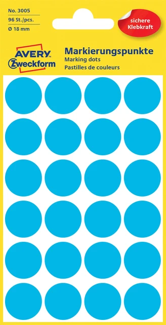 Etiket Avery Zweckform 3005 rond 18mm blauw 96stuk