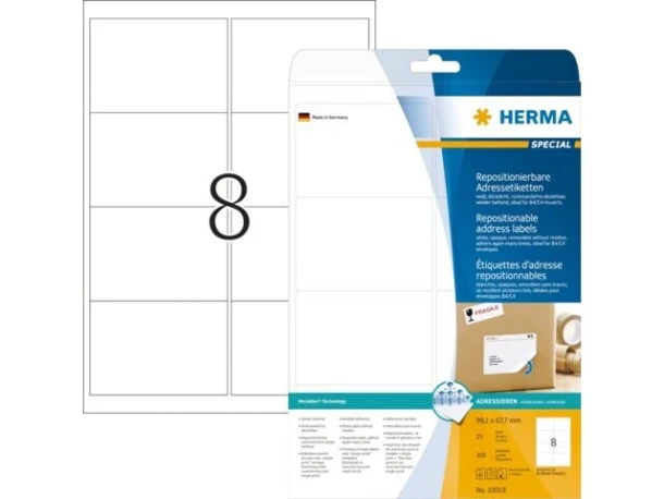 Etiket HERMA 10018 99.1x67.7mm verwijderbaar wit 200stuks