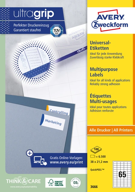 Etiket Avery 3666 38x21.2mm wit 6500 stuks