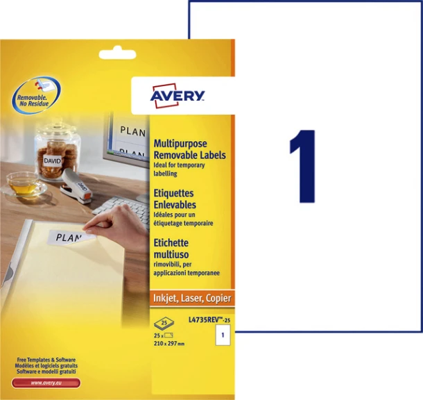 Etiket Avery L4735REV-25 210x297mm A4 wit 25 stuks