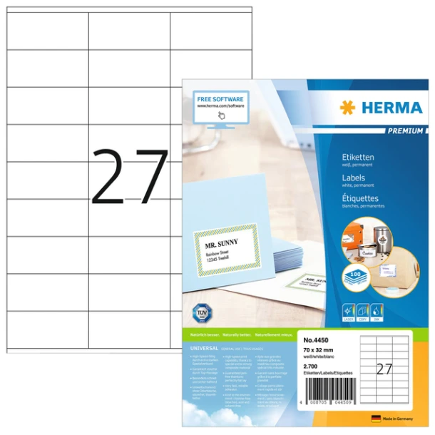 Etiket HERMA 4450 70x32mm premium wit 2700 stuks