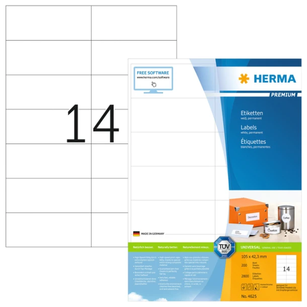 Etiket HERMA 4625 105x42.3mm premium wit 2800 stuks