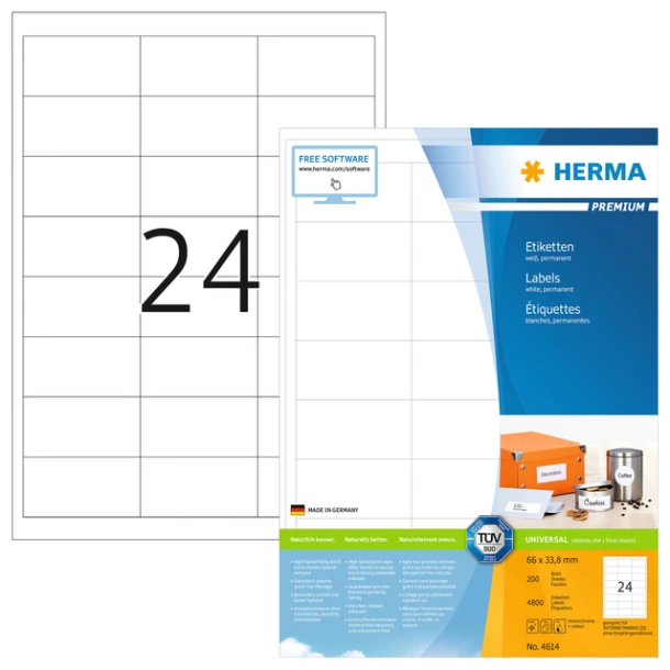 Etiket HERMA 4614 66x33.8mm premium wit 4800 stuks