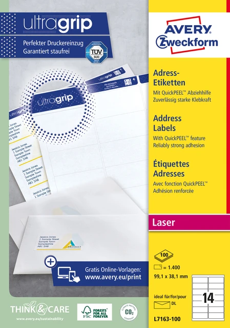Etiket Avery L7163-100 99.1x38.1mm wit 1400 stuks